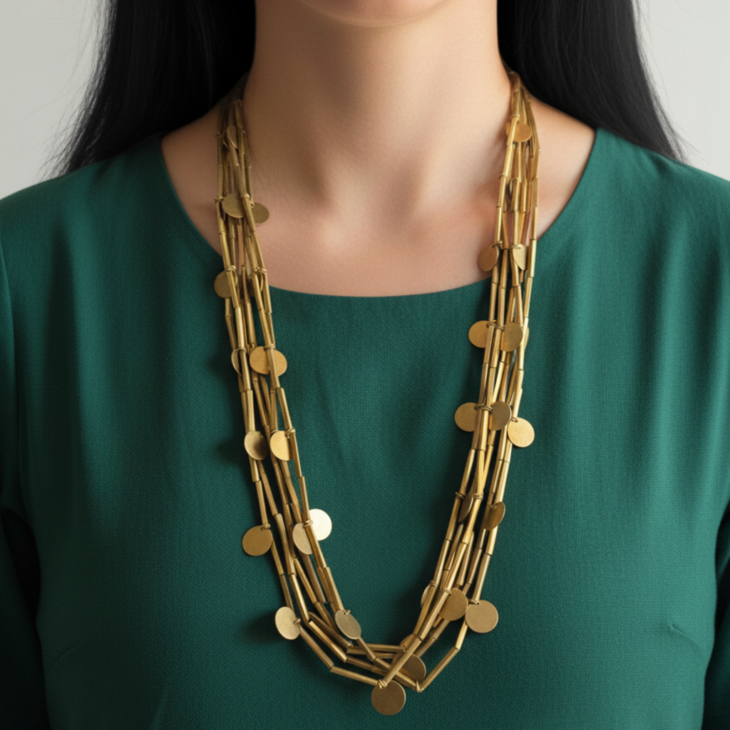 Brass tube necklace with discs