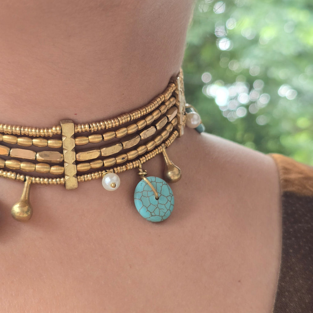 Turquoise Charm Brass Choker