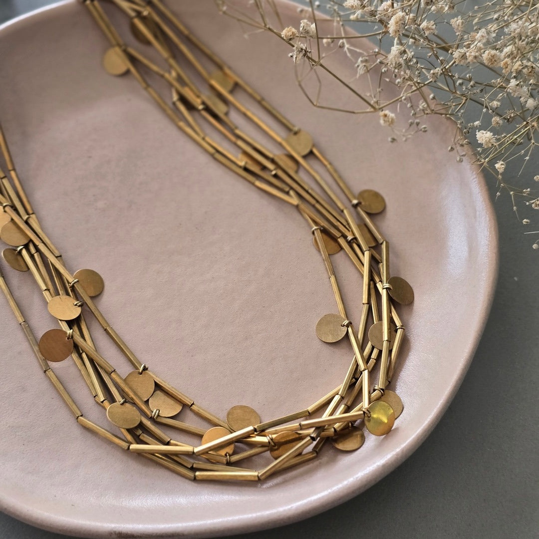 Brass tube necklace with discs