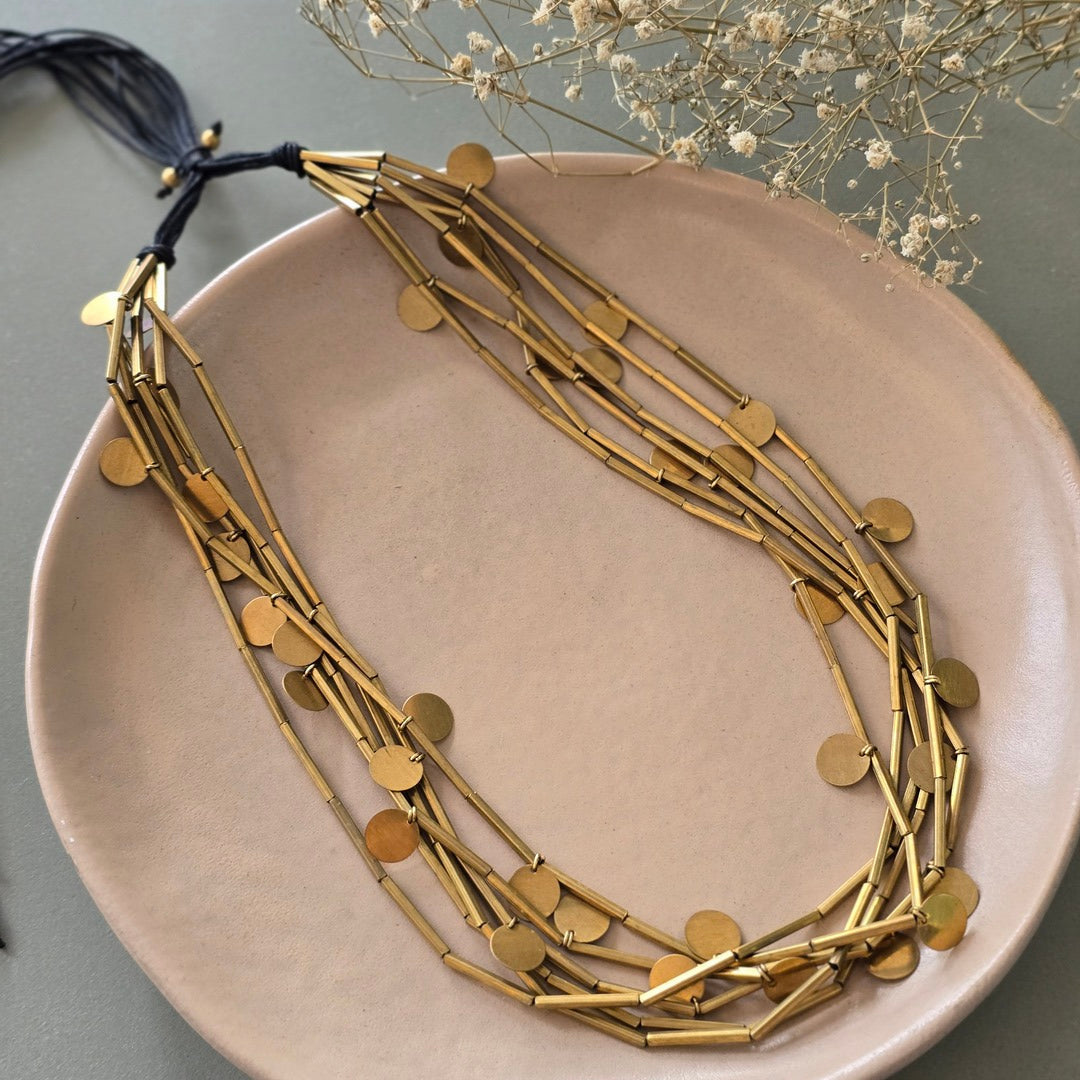 Brass tube necklace with discs
