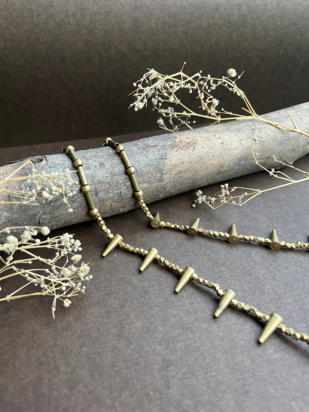 Brass spikes charm necklace