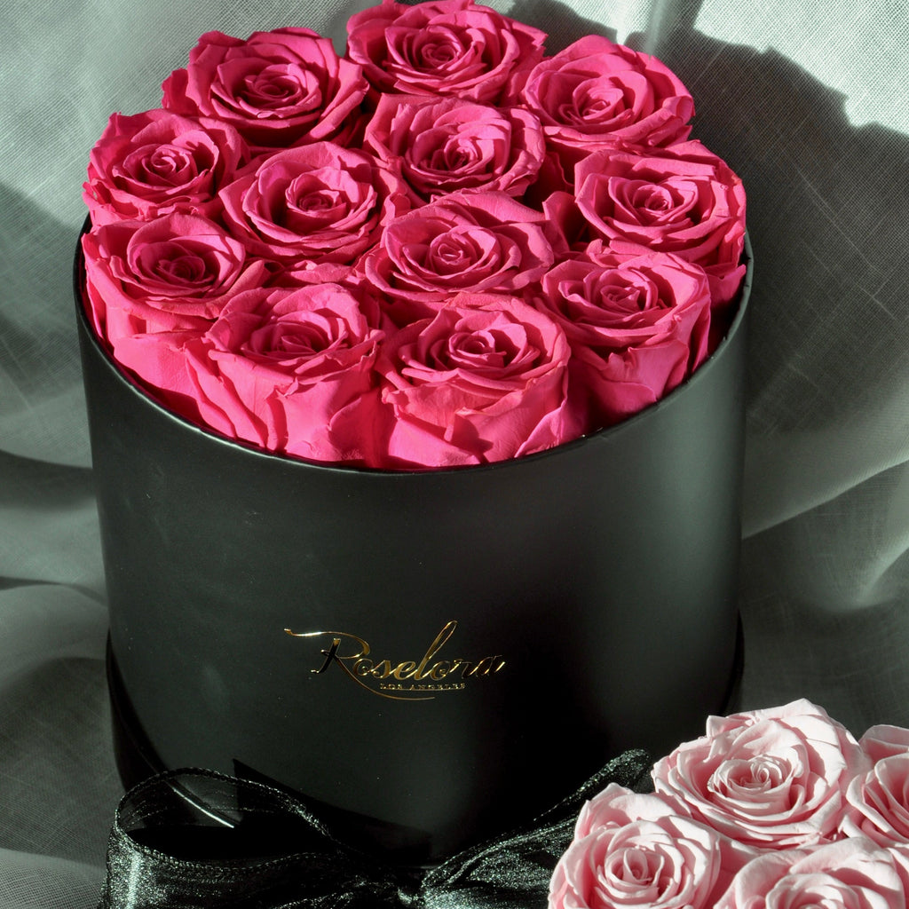 roselora fuchsia preserved roses in round box
